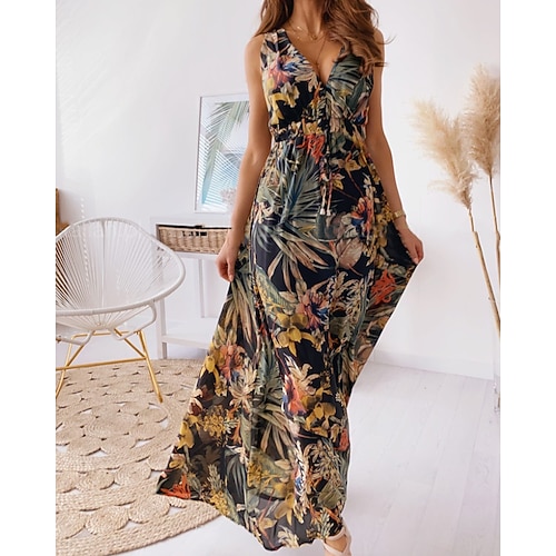 Damen Langes Kleid Maxikleid Blumenkleid Druckkleid Mode Modern Outdoor Urlaub Ferien Normale Passform Blume Ärmellos V Ausschnitt Schwarz Weiß Grün Sommer Image