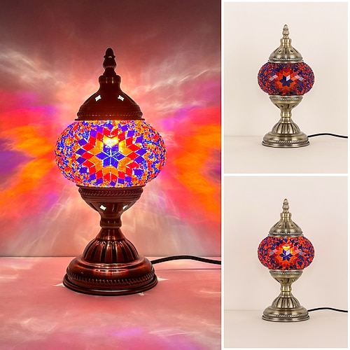 türkisches Mosaiklampen-Set, dekorativer Glastisch, Nachttischlicht für Wohnzimmer und Schlafzimmer, basteln Sie Ihre eigene Lampe, antiker Bronzesockel Image