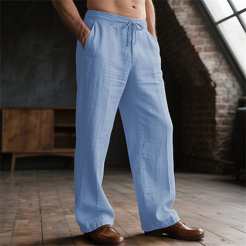 Herren Leinenhosen Hose Kordelzug Tasche Elastischer Bund Einfach Komfort Atmungsaktiv Täglich Basic Schwarz Weiß Image