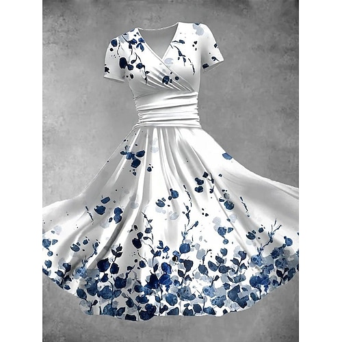 Damen Midikleid Shiftkleid Sommerkleid Elegant Urlaub Lässig Normale Passform Blumen Grafik Kurzarm V Ausschnitt Blau Rote Leicht Blau Sommer Frühling Image