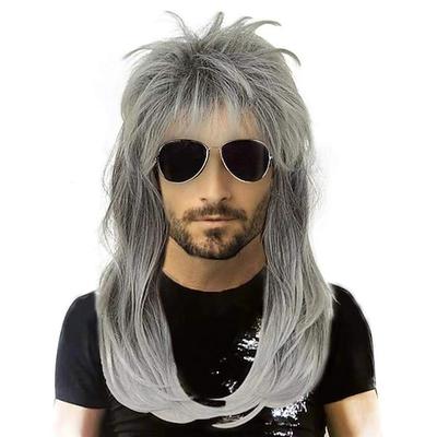 Vokuhila-Perücken für Herren mit grauem Farbverlauf, Rock-and-Roll-Perücken der 80er Jahre für Männer, schulterlang, natürlich aussehend, hitzebeständige Kunstfaser-Film-Cosplay-Perücke Image