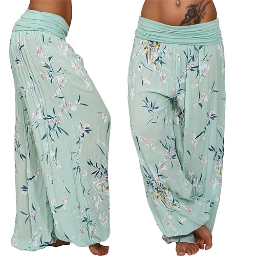 Damen Hosen Hose Haremshose Palazzo-Hose Mode Boho Volle Länge Mittlere Taille Druck Elastischer Bund Bequem Mikroelastisch Straße Alltagskleidung Ausgehen Blau Weiß Gelb Hellgrün Sommer Frühling Image
