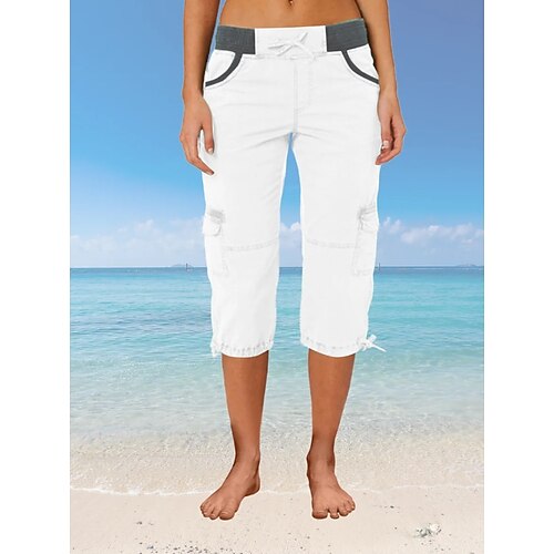 Damen Cargo-Hosen Caprihose Sommerhose Strandhose Urlaub Mode Streetwear Wadenlang Hohe Taille Einfach Kordelzug Tasche Komfort Leicht Weich Mikroelastisch Outdoor Straße Gelbbraun Schwarz Weiß Orange Image