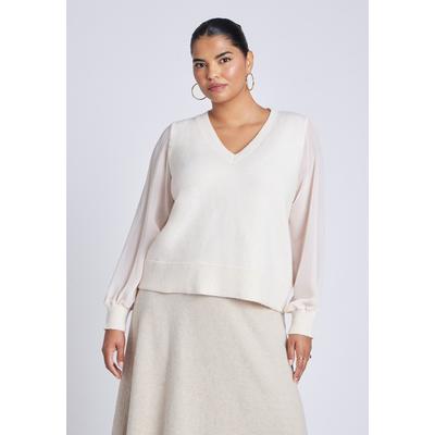 Plus Size Women's Sheer Sleeve V-Neck Sweater by ELOQUII in Bordeaux (Size 18/20)