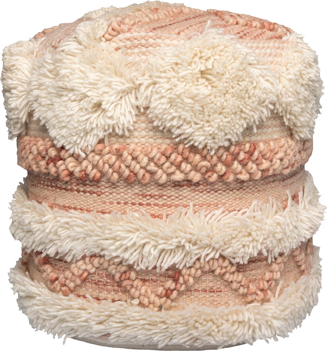 Pouf KAYOOM "Bohist 225 35cm x 35cm, Strukturen mit Fransen und Quasten", rosa (rosa, creme), B:35cm H:35cm T:35cm, Baumwolle, Vlies, Poufs, handgefertigt, Unikat, sehr gut kombinierbar, vielfältig im Einsatz