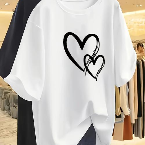 TEMU T-shirt à manches courtes avec imprimé de cœur de dessin Y2K pour femmes - Coupe ajustée, col rond, haut en polyester léger pour /été/automne, T-shirts pour dames
