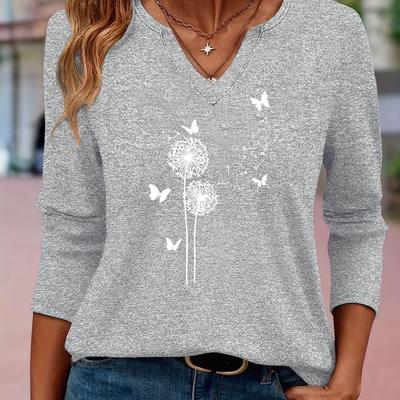 TEMU Women's Casual V-neck Three-quarter Sleeve T-shirt - Dandelion & Graphic Print, Fabric, Machine Washable, Spring/fall Everyday , Apparel, Relaxed , Medium Elasticity Shirt Image