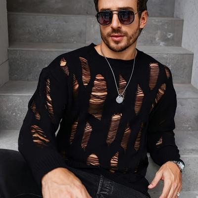 TEMU Men's Sexy Edgy Black Knit Sweater With Cut-out Details - Slim Fit Stretchy Semi-sheer Pullover, Machine Washable Round Neck Top For Spring/fall, Apparel, Trendy Knitwear, Comfortable Wear Image