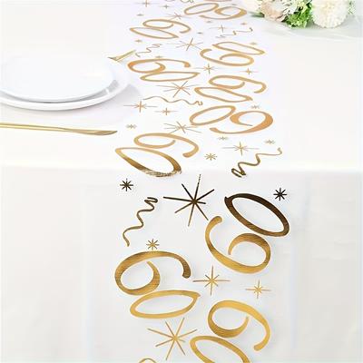 TEMU An Elegant 60th Birthday Table Runner - Golden Stitched Mesh Polyester Tablecloth With Star And , Suitable For Birthday Party Decoration, 100% Polyester Tablecloth, Birthday Party Decor Image