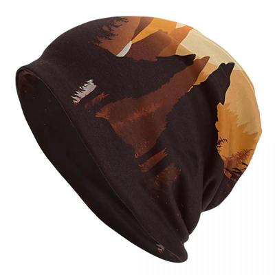TEMU Men's Fashionable Knit Beanie, Unisex Novelty Cap, Polyester & Spandex, Wolf Silhouette Design, No-brim Beanie Hat For Outdoor Activities Image