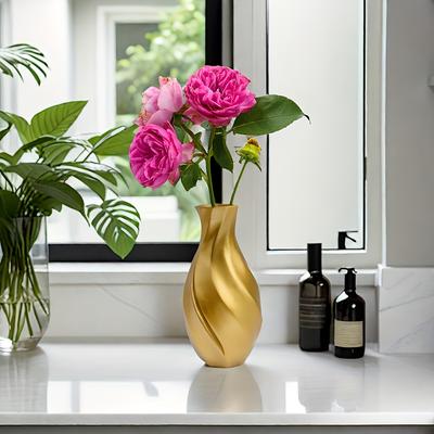 TEMU 1pc Elegant Golden Resin Vase With Pink - Americana Style Spiral Cylinder Decorative Vase For Living Room, Balcony, Office Desk Display, Vases Home Decor Image