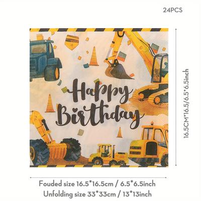 TEMU 24pcs/set Excavator Happy Birthday Disposable Napkins, 13*13inch 2 Layers, Excavator Pattern Disposable Paper Towels, Happy Birthday Paper Towels, Suitable For Excavator Theme Birthday Party Image