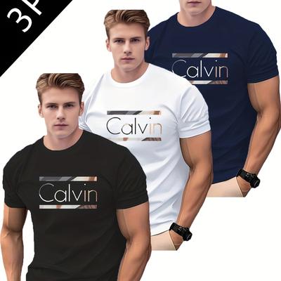 "TEMU 3pcs Men's Casual Summer T-shirts - Breathable Knit, Short Sleeve, Round Neck, Solid Color With "" Print, Lightweight & Comfortable For Outdoor Activities, Casual Attire, And Casual Attire" Image
