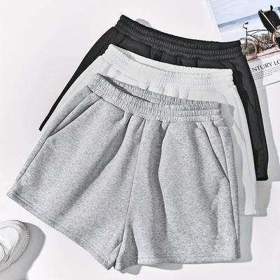 TEMU 3pcs Women's Stretchy Casual Shorts Set - Solid Color Shorts With Elastic Waistband, Drawstring, And Side Pockets, Spring/summer/fall, Shorts Image