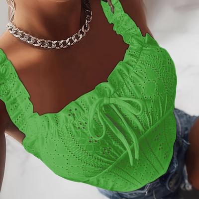 TEMU Women's Elegant Sleeveless Peplum Top With Lettuce Trim Detail - Solid Color Pink, Eyelet Embroidery, Lightweight Polyester For Spring/summer/fal Image