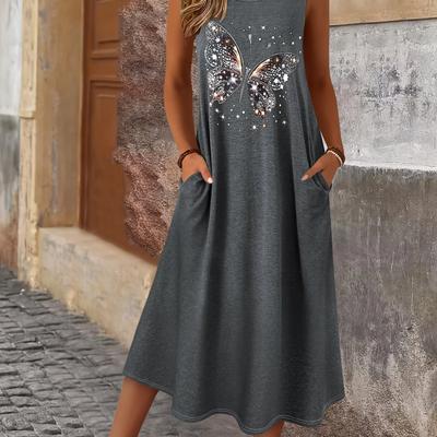 TEMU Women's Summer Print Sleeveless Dress - Gray Round Neck With Pockets, Casual , Machine Washable, Elegant And Comfortable For Casual Attire, Summer Outfit, Medium Elasticity, Flowy Fabric Image