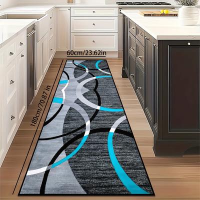 TEMU 1pc Modern Abstract Runner Rug For Living Room, Kitchen & Bedroom - Soft, Fluffy Polyester, Machine Washable, Rectangular Design With Blue And Gray Textures, Entryway Decorative Carpet Image