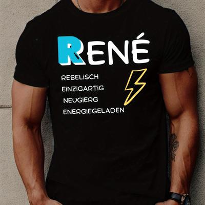 TEMU Fun German Rene Men's Graphic Short Sleeve T-shirt - Rene & Lightning Bolt Design, Geometric Pattern, Regular Fit Casual Summer Tee, Machine Washable Image