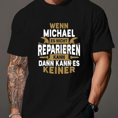 "TEMU Men's Plus Size Funny German Humor T-shirt - "wenn Michael Es Nicht Repairen" Graphic Tee With Winged Design, Casual Crew Neck, Breathable Polyester, Summer Wear, Humorous Tshirt, Plus Siz" Image