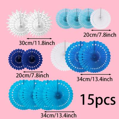 TEMU 15pcs-blue Wedding Decoration Hollow Flower Fan Set, Suitable For Wedding Party Background Decoration, Birthday Theme Party, Party Decoration Image