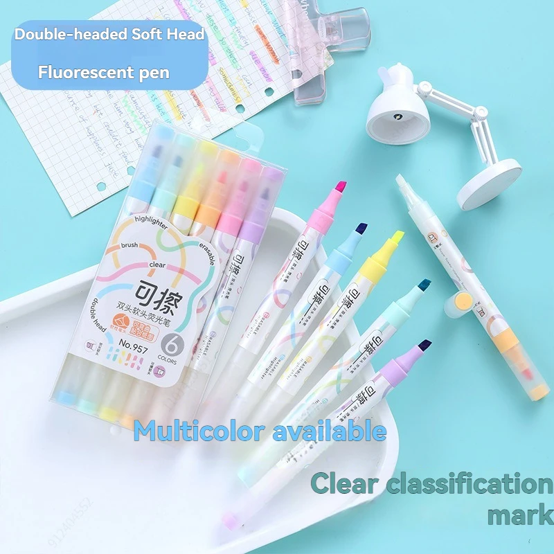 6 Stück löschbare Textmarker, Pastellmarker, fluoreszierender Stift mit zwei Spitzen für Kunst, Zeichnen, Kritzeln, Markieren, Schule, Büro, Schreibwaren Image