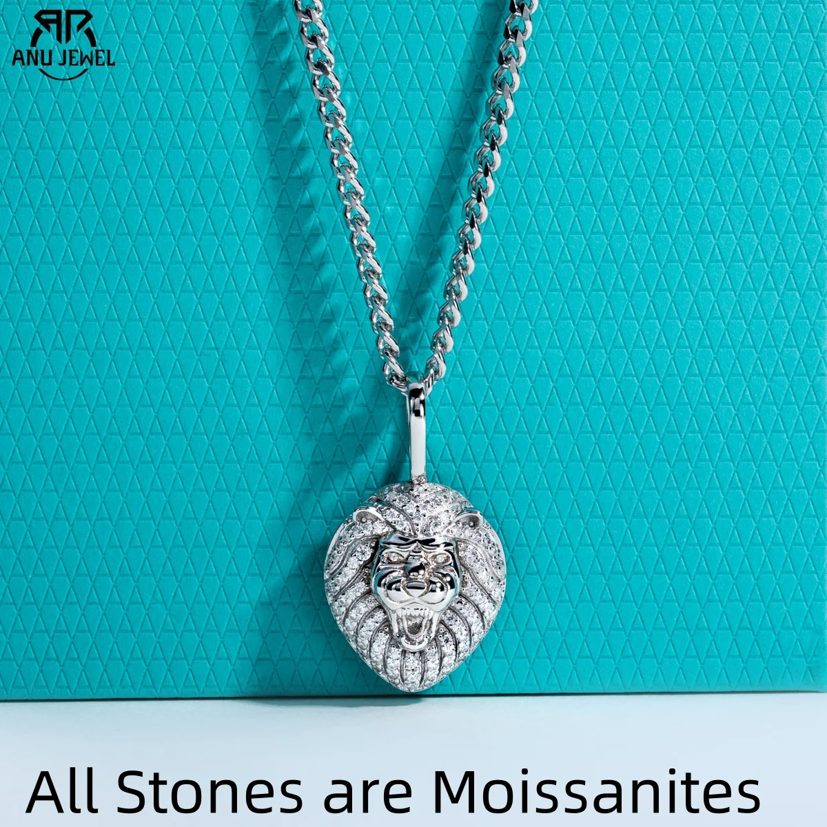 AnuJewel Moissanit Löwe Halskette 925 Sterling Silber Anhänger 60 cm Schlüsselanhänger Layered Heavy Metal New Age Hip Hop Schmuck für Männer