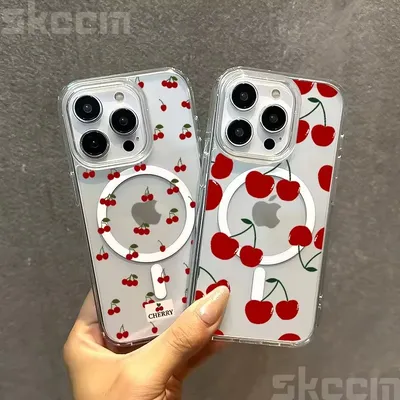 For Magsafe Wireless Charger Case For iPhone 16 15 14 13 12 11 Pro Max 7 8 16 Plus XS XR X Cute Cherry Print Clear Phone Cover