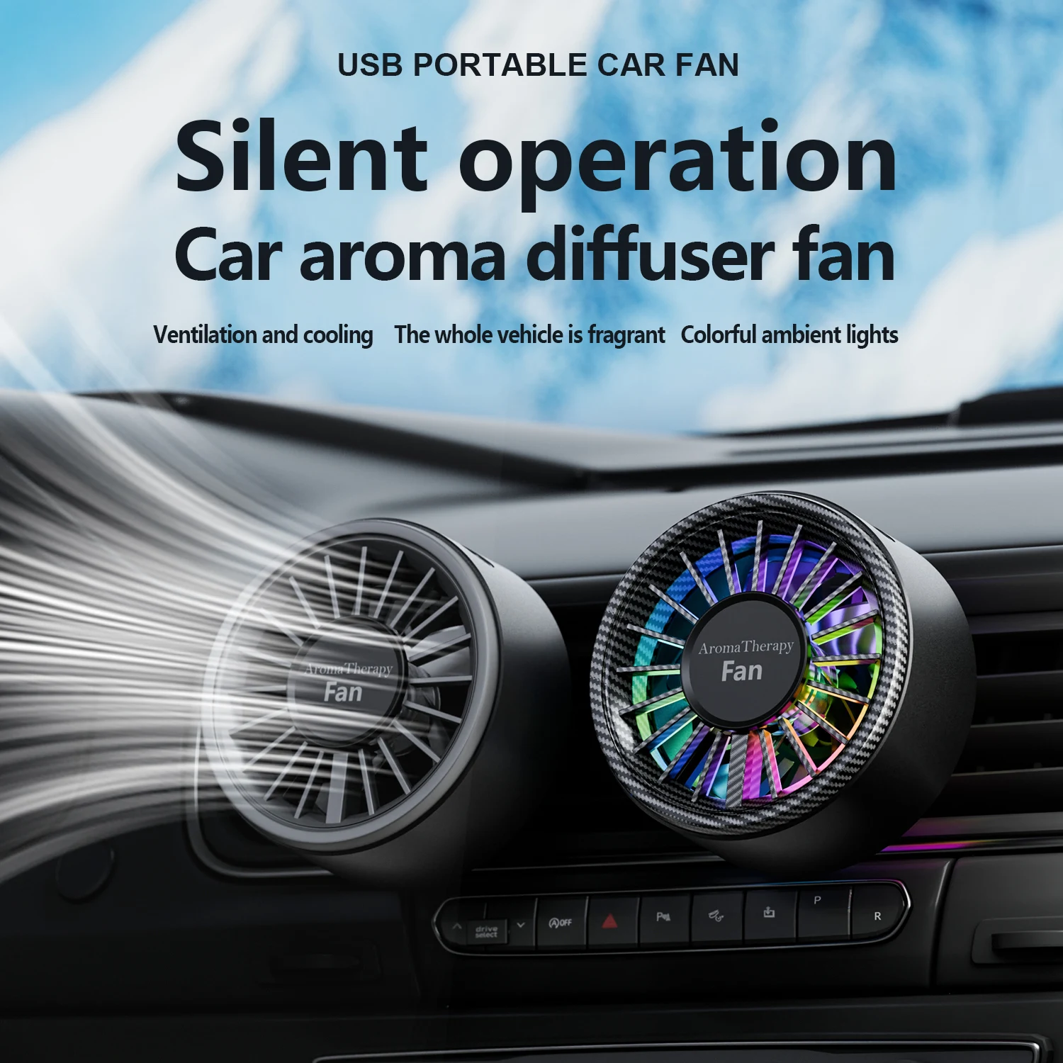 Neuer Auto-Aromatherapie-Ventilator, coole USB-Umgebungsbeleuchtung in sieben Farben, drei verstellbare Auto-Ventilatoren, großer LKW-Ventilator für LKW-Vansporter Image