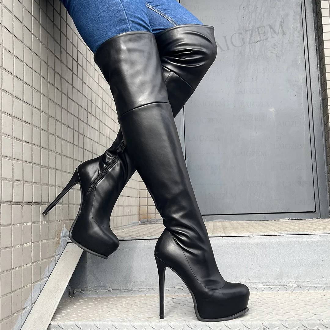 LAIGZEM Damen Overknee-Plateaustiefel mit seitlichem Reißverschluss, Stiletto-High-Heels-Stiefel, Kunstleder, Damenschuhe, Damen, Übergröße 42, 46, 48, 52 Image