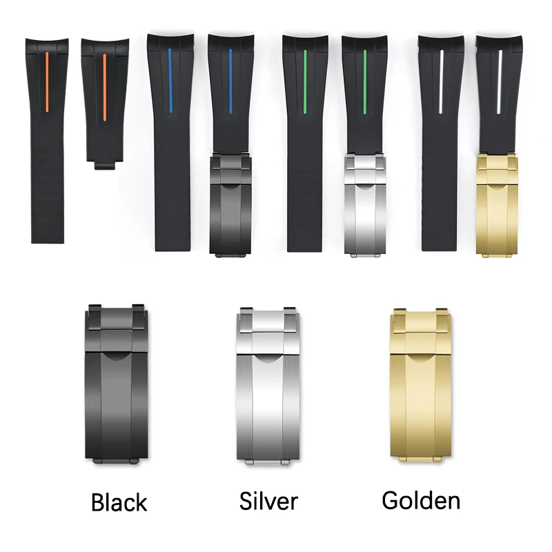 ﻿ Silicone Strap for Rolex Black Green Water Ghost Daytona Submariner Men Curved End Folding Buckle Band Watch Accessories 20mm