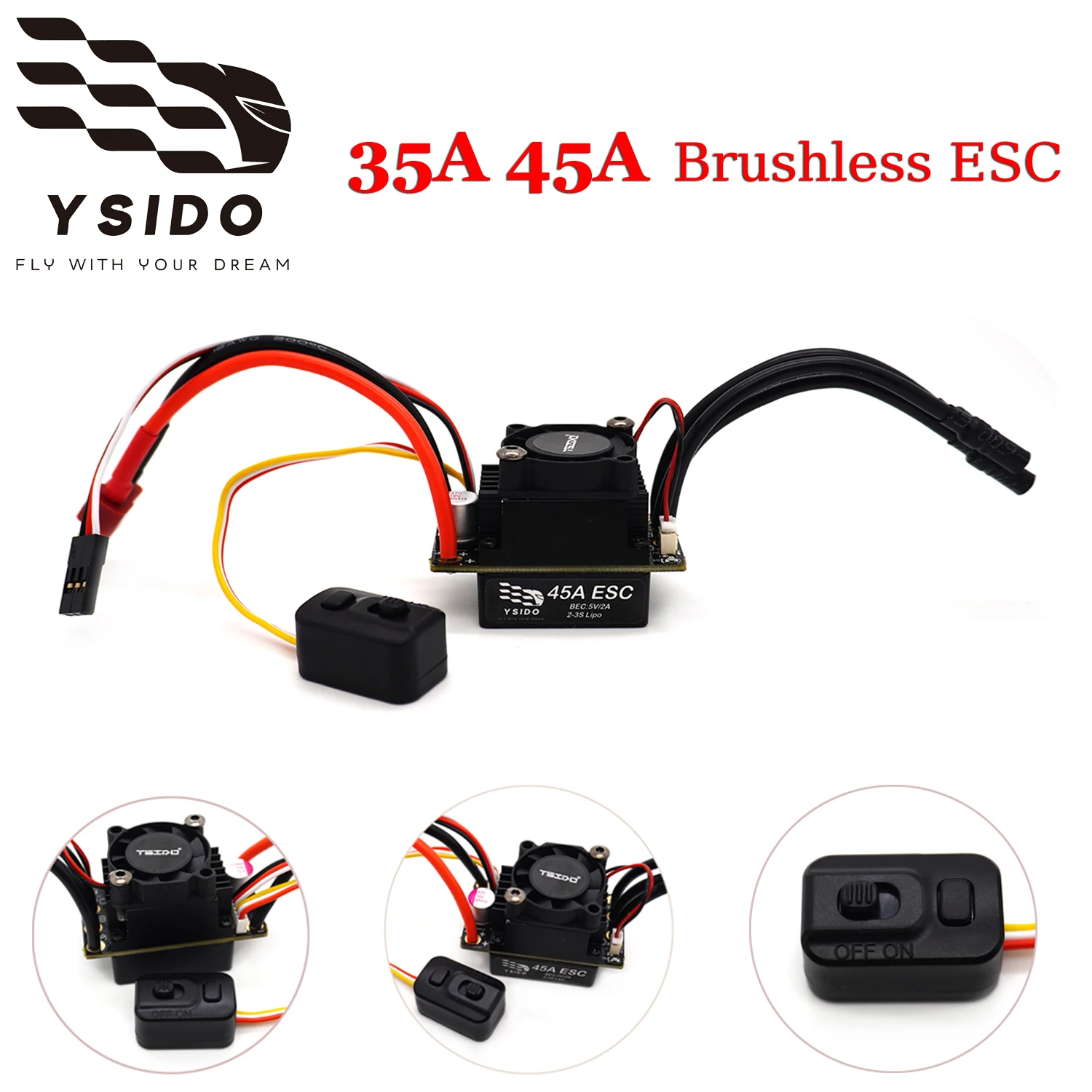 YSIDO 35A 45A Wasserdichter bürstenloser Regler 2-3S 5V/2A Elektronische Geschwindigkeitsregelung für RC-Car On-Road Buggy Monster 1/10 1/12 1/14 1/16