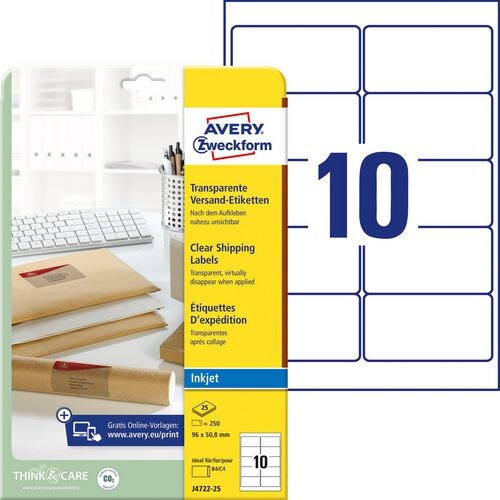 AVERY Zweckform Abziehhilfe QuickPEEL Versandetiketten J4722-25 Selbsthaftend DIN A4 Transparent 96 x 50,8 mm 25 Blatt à 10 Etiketten Image