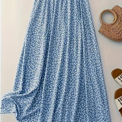 TEMU Women's Elegant Floral Print Maxi Skirt With Side Slit - High-waisted, Flowy A-, Black & White Ditsy Floral Pattern, Vacation Or Casual , Vacation Clothing | Floral Print Skirt | Polyester Fabric Image