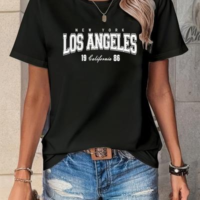 TEMU Los Angeles Print Crew Neck T-shirt, Casual Short Sleeve T-shirt For , Women's Clothing Image