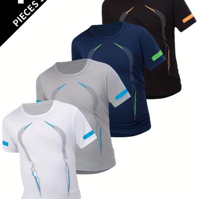TEMU 4pcs Men's Summer Short Sleeve T-shirts - Breathable Moisture-wicking Fabric, Geometric Tees, Regular Fit Round Neck, 4 Color Pack (/gray/navy) For Casual Attire Image