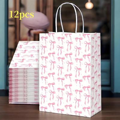 TEMU 6/12pcs Pink Bow Bags With Handles - Elegant Paper Gift Bags For Birthdays, Weddings, Holiday Parties & Shopping - Party Decorations & Supplies, Gift Bags Image