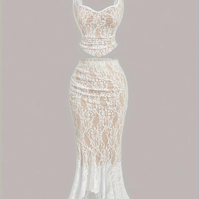 TEMU White Contrast Lace Vest And Fish Tail Skirt Two-piece Women's Set Image
