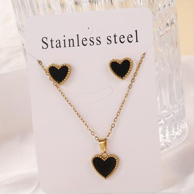 TEMU 1 Necklace + 2 Earrings Heart-shaped Set, Stainless Steel With Golden Plating, In White/black/red/green, Valentine's Day Gift, Ramadan Jewelry Image