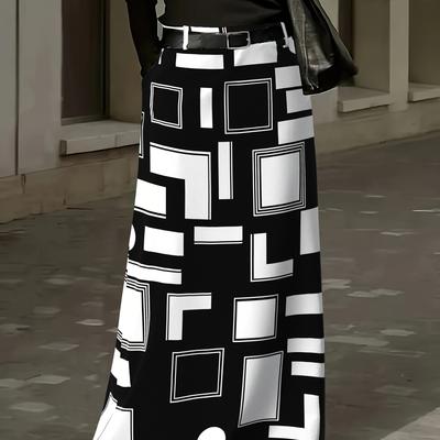 TEMU Women's Geometric Print Midi Skirt - Black & Skirt With Elastic Back Waistband, Machine Washable Versatile Casual To Formal Wear, Vacation Clothing, No Stretch Fabric Image