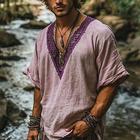 Per uomo Camicia di lino Camicia Estiva Camicia vintage Camicia a Maniche Corte Camicia etnica Patchwork Vacanza Streetwear Viola Manica Corta Scollo a V Estate Abbigliamento Etnico / religioso