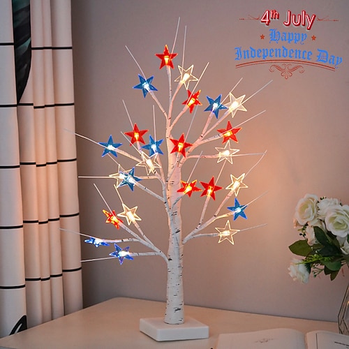 Luci decorative fai da te a forma di albero artificiale con stringa patriottica per il 4 luglio, 24 luci a LED per albero di betulla, alimentate a batteria/USB, albero illuminato per il giorno dell'indipendenza del 4 luglio, decorazione da tavolo...