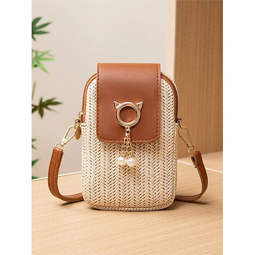 Borsa a tracolla in paglia da donna con ciondolo a forma di orecchie di gatto – graziosa mini borsa intrecciata, stile casual estivo, piccola borsa a tracolla per ragazze adolescenti e donne, ideale per spiaggia, vacanze e uscite quotidiane