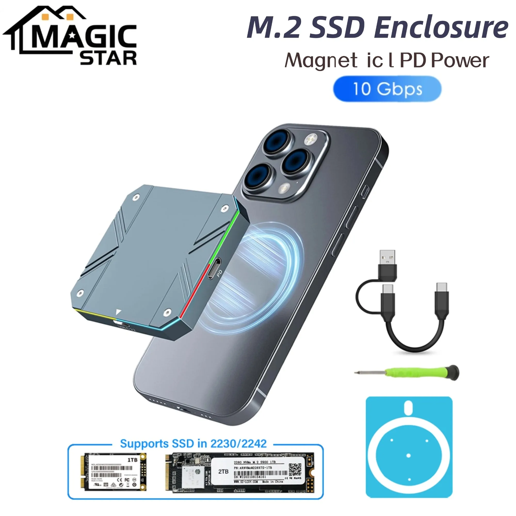 Magnetische M.2SSD-Gehäuse NVMe2230/2242Festplattenbox USB C 3.2 10 Gbit/s hohe Geschwindigkeit, für Laptop-Festplatten-Festplatten-Außenwandler Image