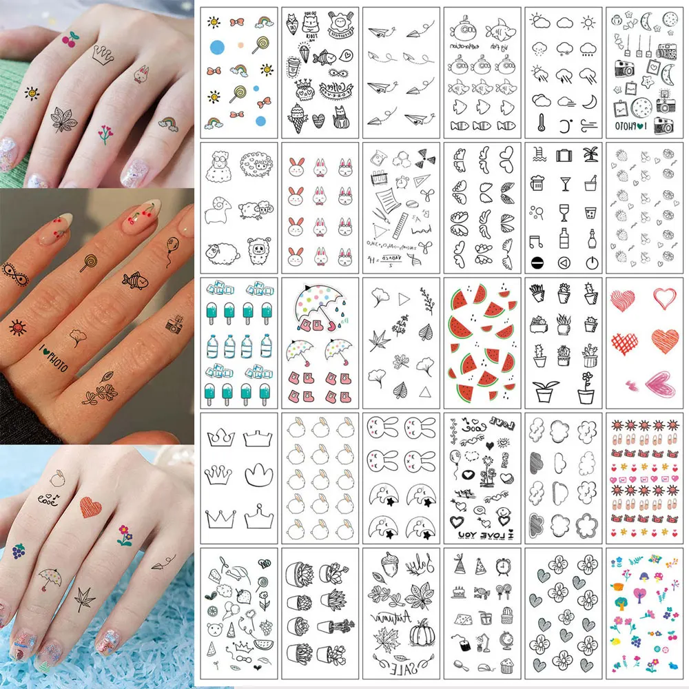 30 Stück kleine Design temporäre Tattoo Aufkleber für Hand Finger Kaninchen Obst Blume Fake Tattoo für Frauen und Männer Körper Dekor Image