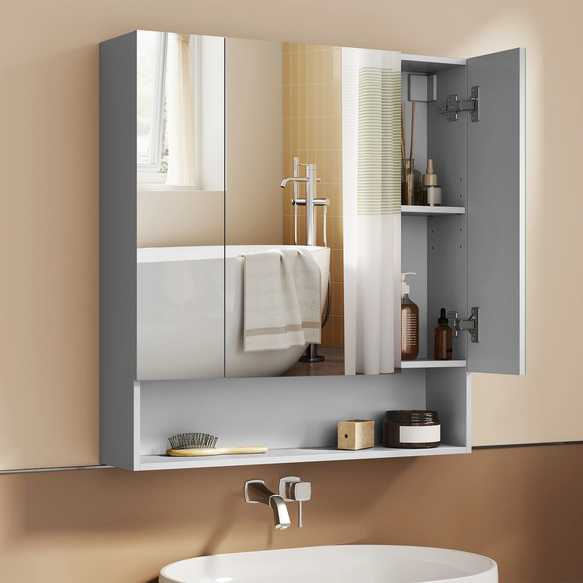 VASAGLE Badezimmerschrank mit 3 Türen, Spiegelschrank, Badschrank, offenes Fach, verstellbare Ablagen, 16,5 x 70 x 75 cm Image