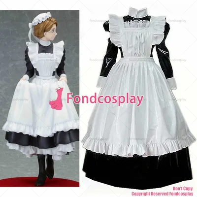 Fond cosplay erwachsene sexy cross dressing sissy maid lange schwarze dünne pvc abschließbare kleid uniform weiße schürze cd/tv [ck129] Image