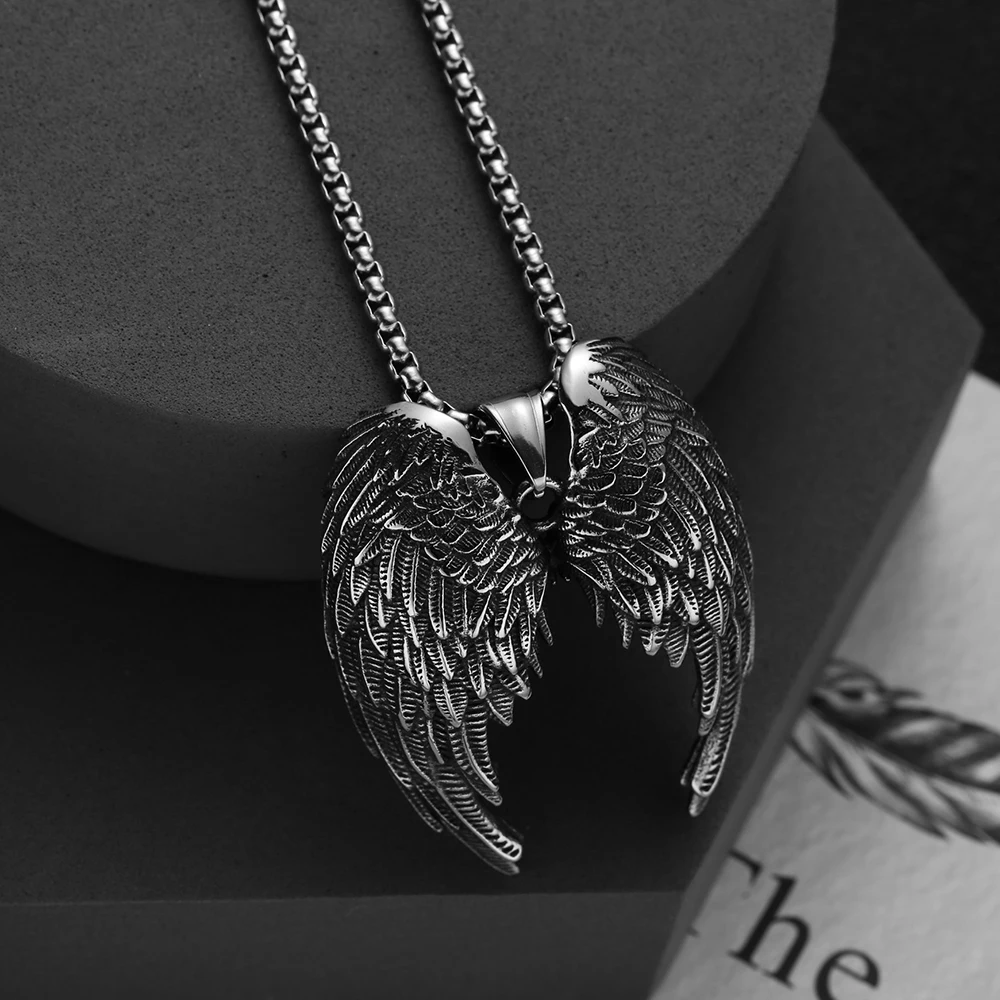 Retro Engel Flügel Anhänger Halskette Edelstahl Hip Hop Punk Stil Silber Farbe Geburtstag Party Geschenk Für Männer Frauen Hals Schmuck