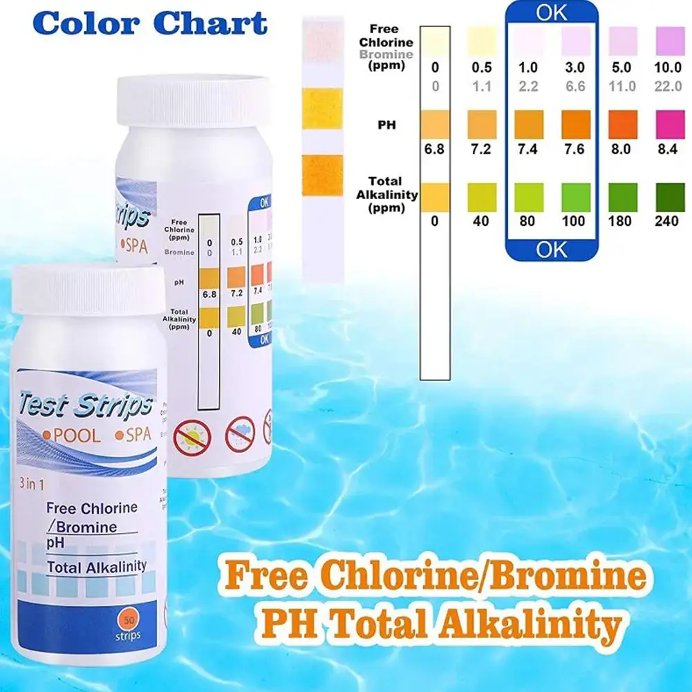 50 stücke Chlor PH Teststreifen SPA Schwimmbad Wasser Tester Papier Rest Chlor PH Wert Alkalität Härte Test Streifen Image