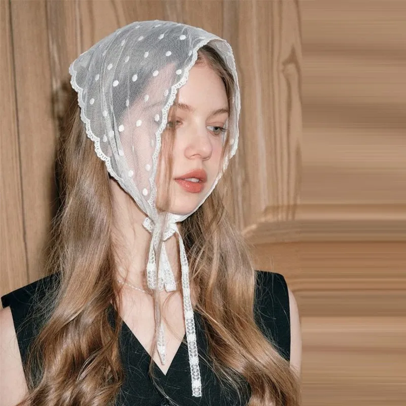 Spitze Dreieckiges Kopftuch Für Frauen Einfache Polka Dot Haar Zubehör Französisch Retro Landschaft Stil Stirnband Haar Zubehör Image