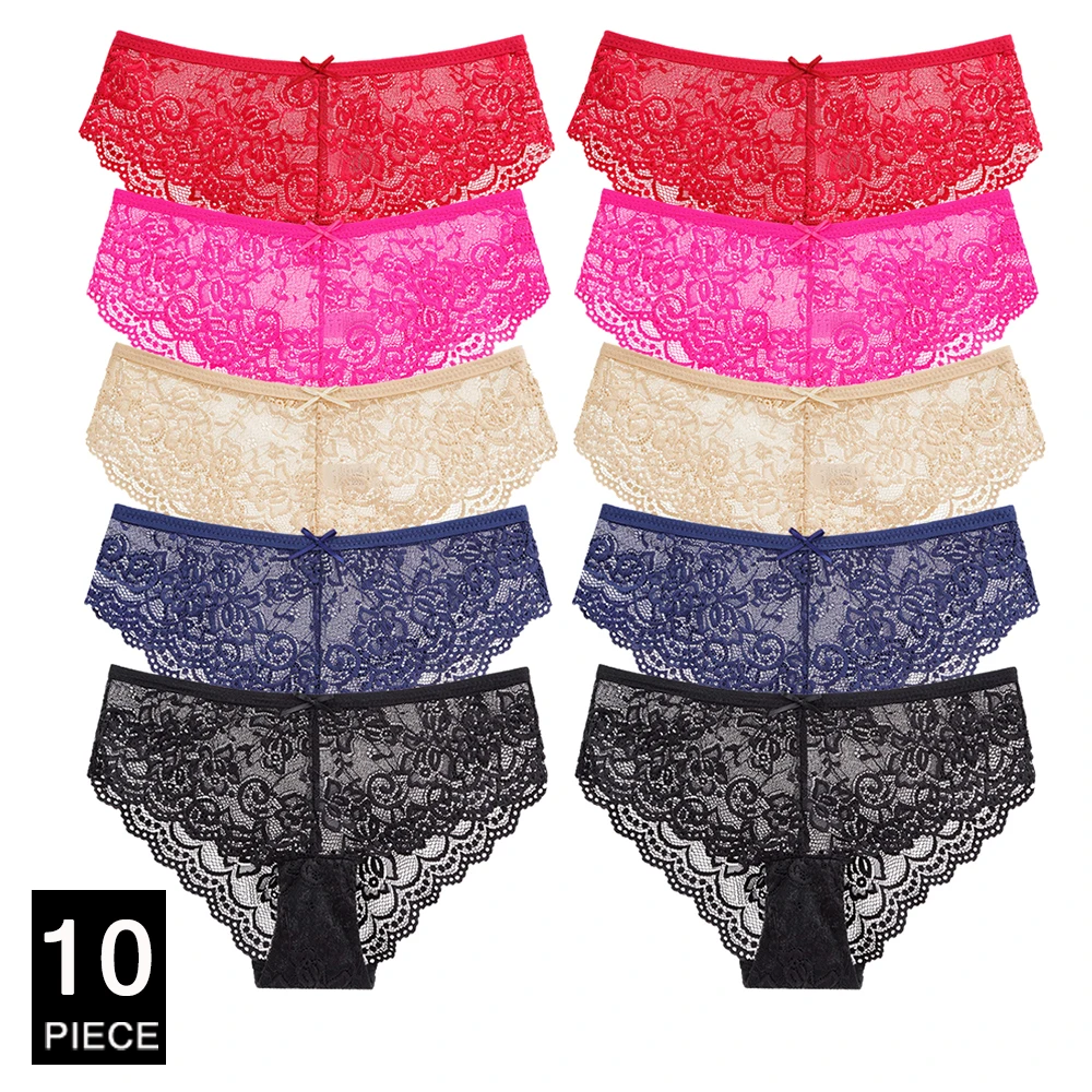 10PCS/Set Sexy Full Lace Panties Transparent Women Briefs Female Hollow Out Low Cut Panty Breathable Bow Wholesale Underwear Image